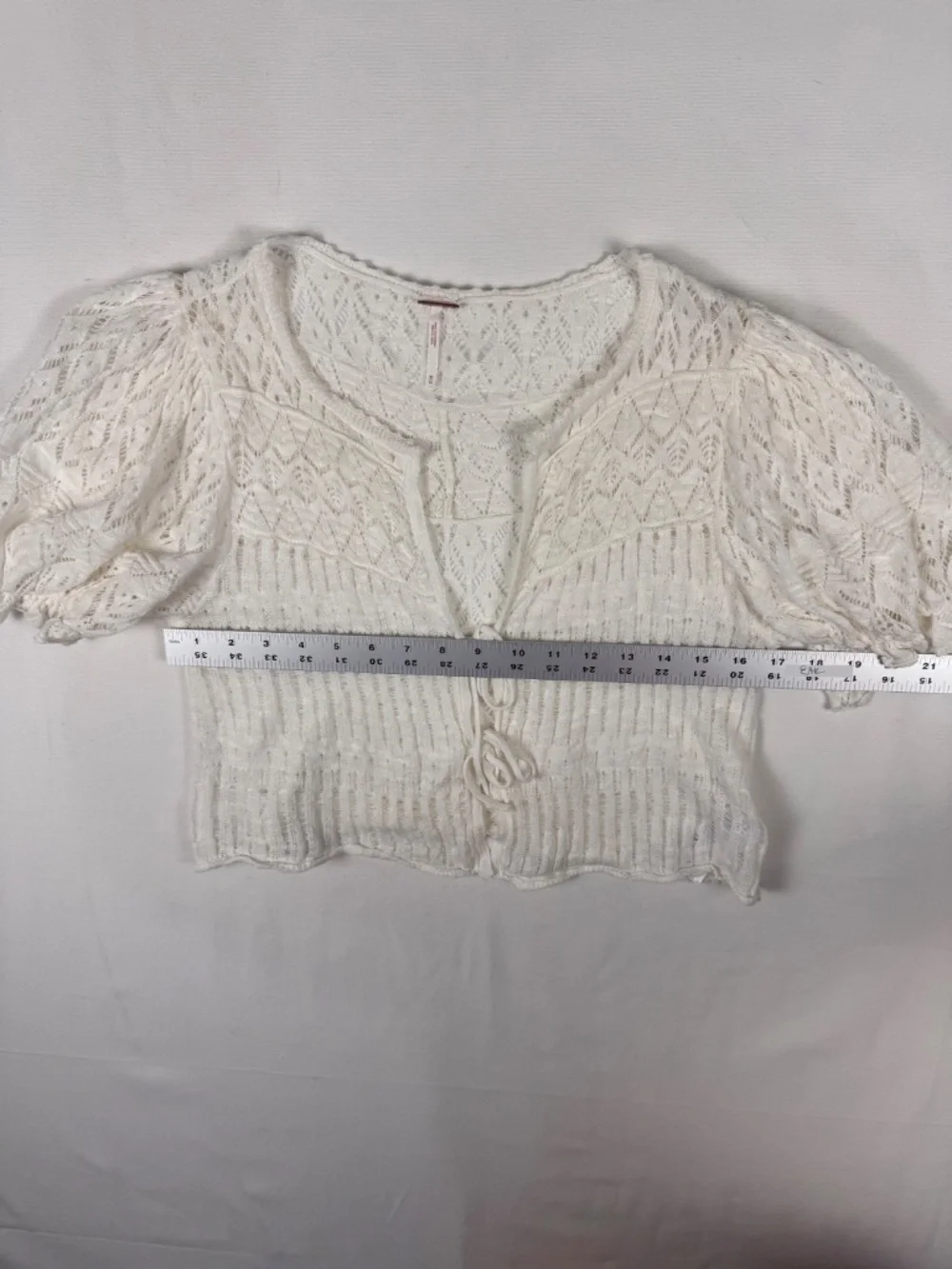 Free People Cream Lace Tie-Front Cardigan Puff Sleeve Boho Cottagecore Top M